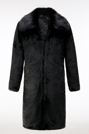 Fluffy Black Faux Fur Coat with Pockets